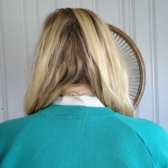 Vtg 90's Collared Teal Collared Cottagecore Grandma Sweatshirt - Picture 6 of 7